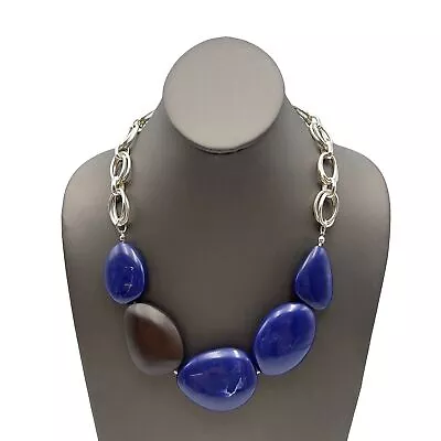 Vintage Dana Buchman Blue Marbled Acrylic & Brown Wood Bead Fashion Necklace • $24.99