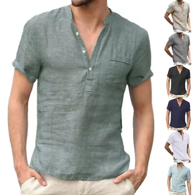 £12.11 • Buy Mens Short Sleeve Cotton Linen Shirt Casual Baggy Solid Button T Shirt Blouse