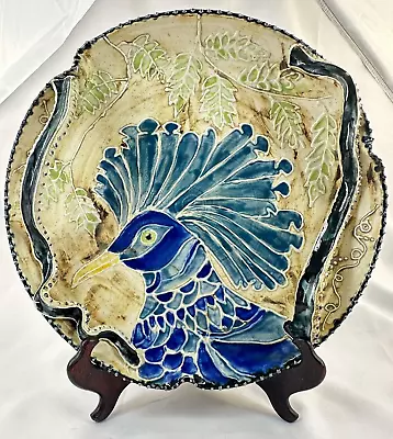 Vtg Art Pottery Palissy Majolica Style Large Peacock Plate Tracy Bradford TBPots • £626.73