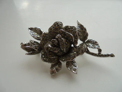£5 • Buy Vintage Silver Tone Marcasite Rose Brooch Large