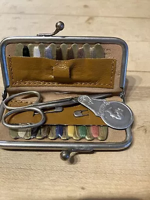 Vintage TINY Leather SEWING KIT  Western Germany Thread Scissors Pins SO CUTE! • $10