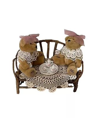 Teddy Bear Mini Rose Tea Party Porcelain Set Knit Crochet Handmade Twig Bench • $99