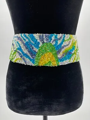 Vintage La Mendola Royal Bird Hand Beaded Blue White Pure Silk Chiffon Belt • $149.99