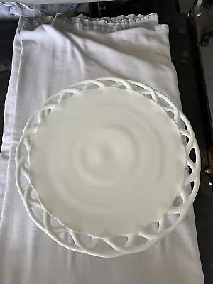 Vintage Milk Glass Serving /Cake Plate Platter Pedestal 13.5  Open Lace Cut Out • $16