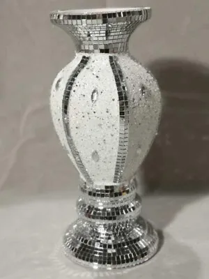 £23.99 • Buy NEW DESIGN 30cm Bling Mosaic Romany Mirror Shine Silver White Home Decor Vase