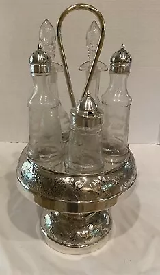 Vintage Anchor Silver Plate Co Condiment Caddy 5 Etched Glass Bottle Set Cruet • $75