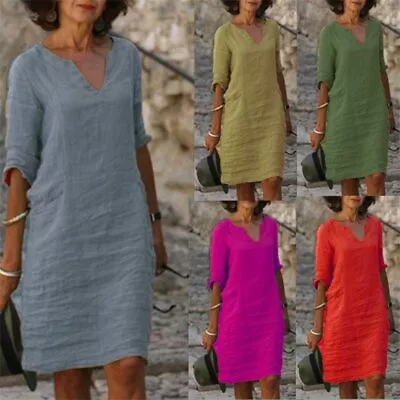 $18.57 • Buy Midi Dress Baggy Sundress Ladies Solid Short Sleeve Women's Cotton Linen V Neck