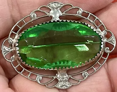 Vintage Antique Unsigned Silver Tone Filigree Lge Faceted Green Oval  Brooch Pin • $35
