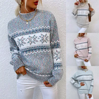 Ladies Chunky Knitted Christmas Snowflake Jumper Pullover XMAS Sweater Tops SIZE • £14.89
