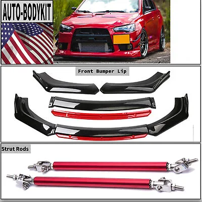 Front Bumper Lip Splitter Spoiler Strut Rod Body Kit For Mitsubishi Lancer 08-15 • $79.99