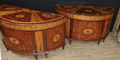 Pair Regency Inlaid Commodes Demi Lune Cabinets Marquetry Inlay • $8850