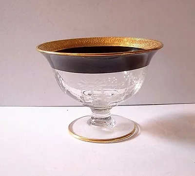 Vintage Etched Clear Glass Compote Candy Dish W/ Gold Trim Bands EUC • $8.95