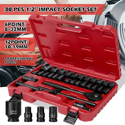 30pcs 1/2  Drive Deep Impact Socket Set 8-32MM Metric Cr-V Ratchet Tool Garage • $58.90