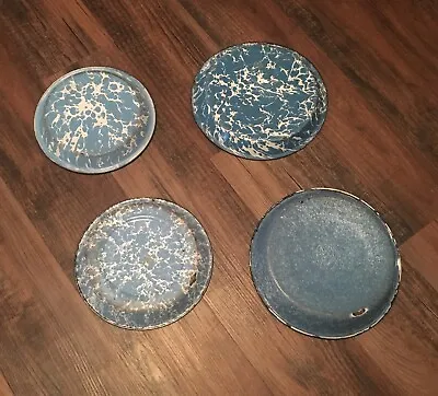 Lot Of 4 VTG Blue White Swirl Graniteware Enamel Ware Pie Pan Plate Vintage • $49.95