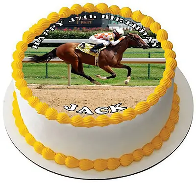 RACE HORSE RACING 7.5  PREMIUM Edible ICING Cake Topper CAN PERSONALISE TEXT D4 • £9.47