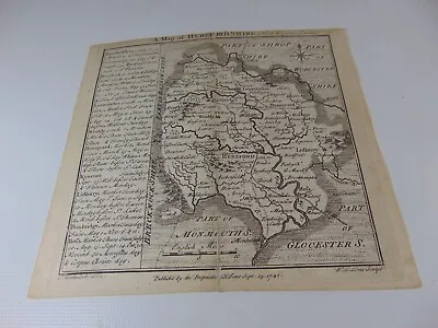 Original 1742 Printed Map Herefordshire Thomas Badeslade W.H Toms Engraving • £37.23