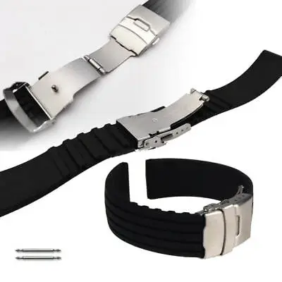 Black Rubber Silicone Replacement Watch Band Strap Double Locking Buckle #4011 • $11.95