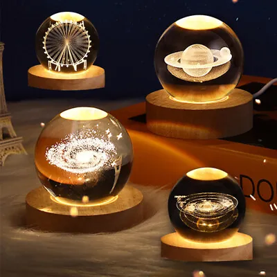 Crystal Light Globe Night LED Table Lamp USB 3D Moon Galaxy Xmas Decor Cute Gift • $14.49