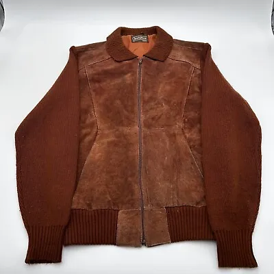 Vintage 70s Mens Sears Leather Front Acrylic Sweater Jacket Burnt Orange Large • $49.99