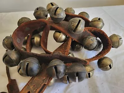 Antique Victorian 50” Long  Horse Sleigh Bells With 35 Metal Bells Leather Strap • $135