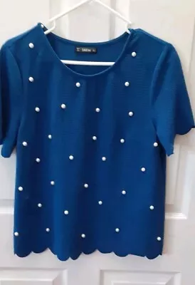 SheIn Women's Blue Faux Pearls Scalloped Short Sleeve Blouse Top Size L Stretch • $8.99