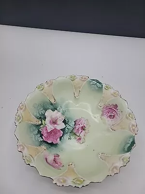 R.S. Prussia Large Serving Bowl Green With Pink Roses 10.5” Iris Pattern No Chip • $48