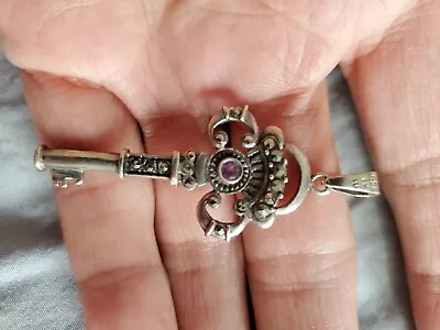 VINTAGE  STERLING  SILVER MARCASITE KEY PENDANT 54 Mm amethyst Stone  • $35