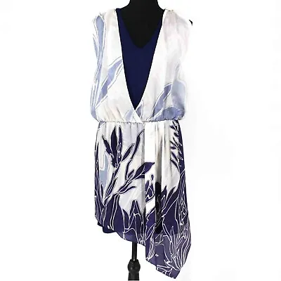 VIONNET Mini Dress Sleeveless Floral Silk Draping Overlay V-Neck 42 Medium • $68.74