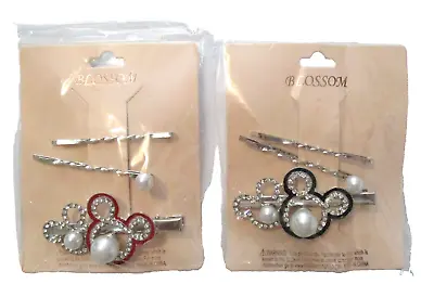 Mickey Mouse Hair Clips Bobby Pins Silver Tone Pearl Red Black Set Of 2 • $15