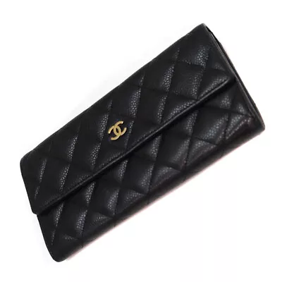 Chanel CC Flap Bifold Long Wallet Black Quilted Caviar Skin Leather A50096 • £497.88