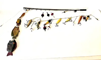 Rustic Faux Fishing Pole Wall Decor 15 Lures 4 Fish Wood & Metal 30  L Vintage • $48