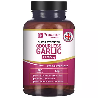 Premium Odourless Garlic Capsules - High Strength 45000mg - 200 Softgels • £12.50