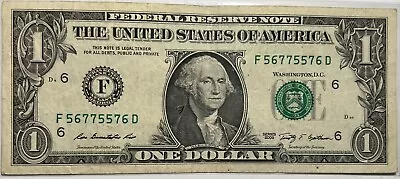 Fancy Serial Number- TRINARY (567) F56775576D 2009 1$ One Dollar Bill • $5.99