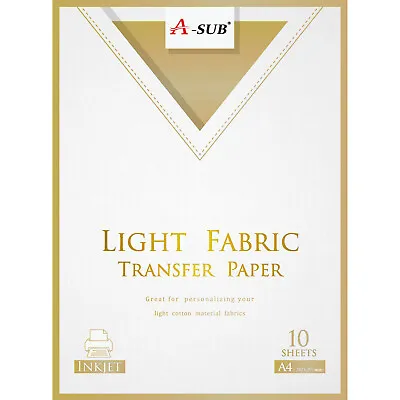 A-SUB Inkjet Iron On T Shirt Transfer Paper For Light Fabrics A4 10 Sheets • £5.99