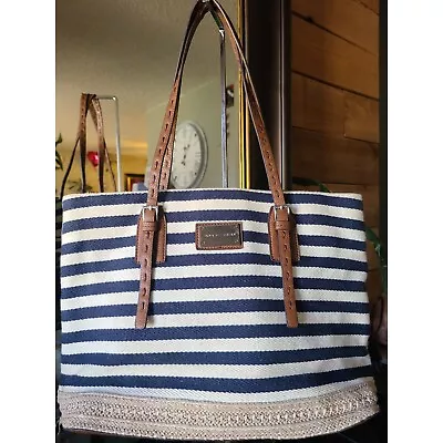 Dana Buchman Woven Striped Tote Nautical Navy Cream/Tan • $20