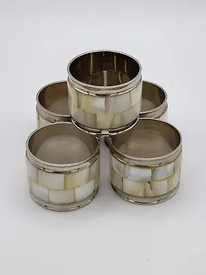 Vtg Mother Of Pearl Inlay Chrome Napkin Rings Lot Of 5- Made In India  • $18