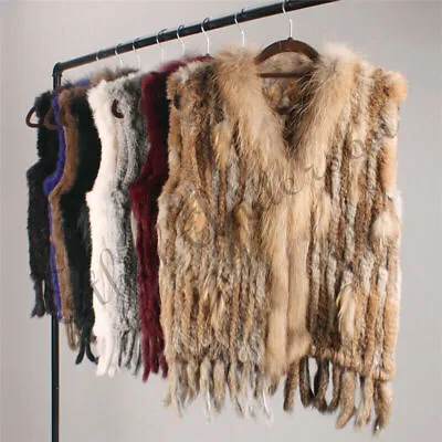 Women Real Rabbit Fur Vest Gilet Tassels Women Fur Furry Coat Knitted Waistcoat • £45.59