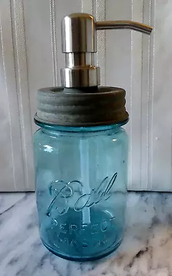 Primitive BALL SOAP PUMP Dispenser Stainless ~ Antique 1920 Aqua Blue Mason Jar • $15.95