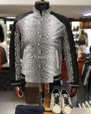 Mens White & Black Exotic Genuine Python Embossed Lambskin Leather Jacket • $140.22