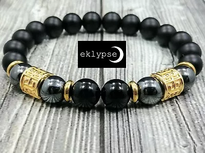 8 L HIP 10mm Polished+Matte Onyx & Hematite Gemstone Beaded Men's Gold Bracelet • $18.99