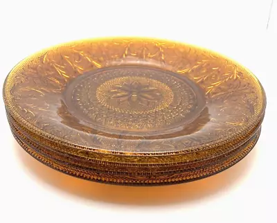 Set Of 4 Vintage Amber Tiara Sandwich Glass Dinner Plates 10 1/4  Diameter Nice • $27.98