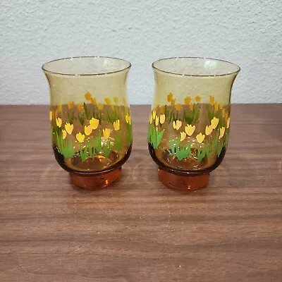 Vintage Libbey Drinking Glasses Smoke Amber With Yellow Tulips Floral Set Of 2 • $17.99