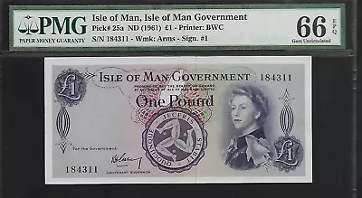 Isle Of Man 1 Pound 1961 PMG 66 EPQ Sign. #1 Pick# 25a Queen Elizabeth II • $298