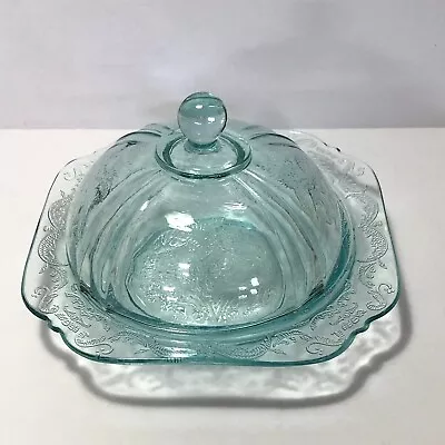 Vintage 70s Madrid Recollection Pattern Aqua Teal Depression Covered Glass Dish • $28.50