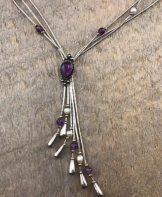 Vintage QT QUOC Sterling Silver Amethyst & Natural Pearl Liquid Silver Necklace • $88