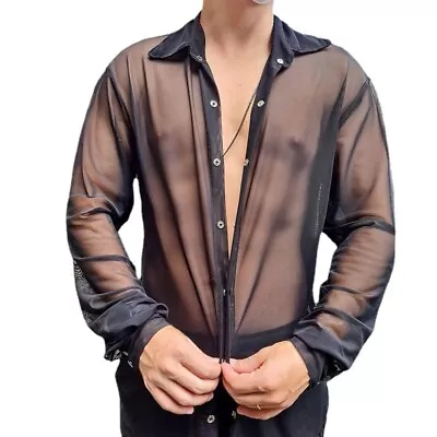 Button Shirts See-Through Mesh Long Sleeve T-Shirt Clubwear Shirt Tops Sexy Mens • £17.56