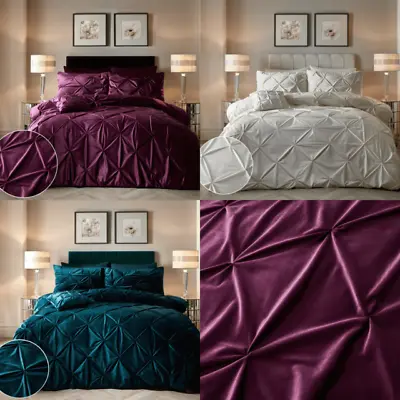 Damson Mira Velvet Pinch Pleat Pintuck Soft 100% Polyester Duvet Cover Set • £14.99