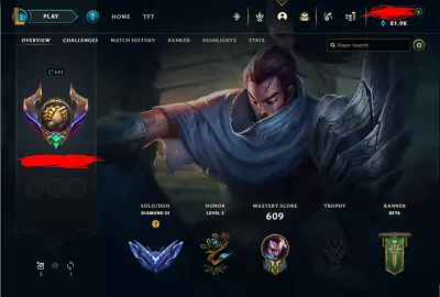  League Of Legends Account EUW Diamond 3 Lvl 541 167 Skins All Champions Owned • £570