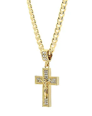 Mens 14k Gold Plated Jesus Plain Cross Pendant Cubic-Zirconia 24  Cuban Chain • $16.95