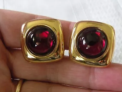 Vintage Monet Faux Garnet Red Moonstone Cabochon Square Gold Tone Clip Earrings • $22